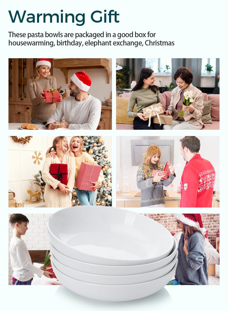 Teocera Pasta Bowls, Large Salad Bowls, Porcelain Bowl Set, Wide and Shallow, Microwave and Dishwasher Safe, 35 Ounce - Set of 4, White - Image 2